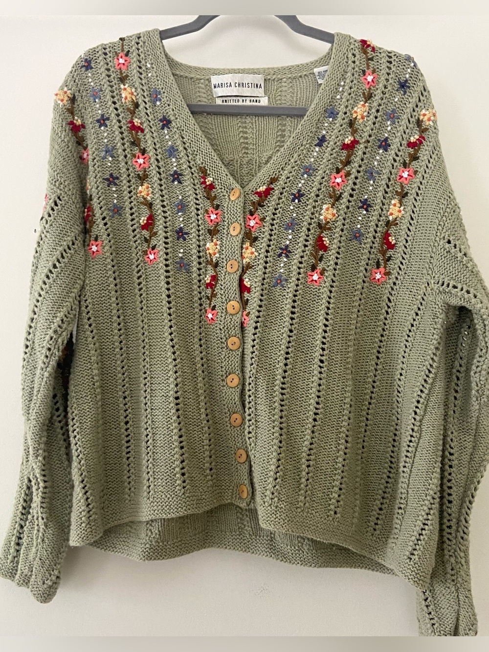 Vtg Marisa Christina Floral Cardigan Handknit Sweater XL Grannycore Cottagecore